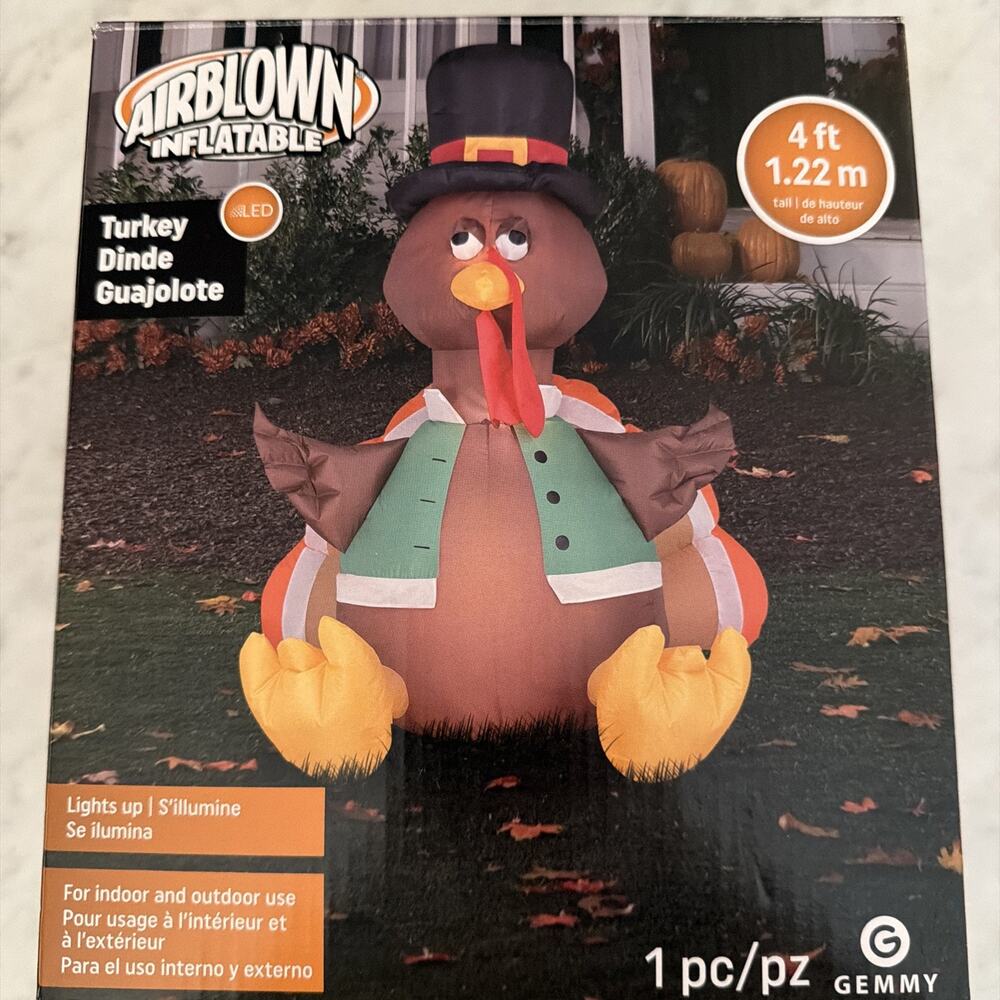 New Gemmy Thanksgiving Turkey Light-Up Inflatable Decor 4 ft Indoor Outdoor